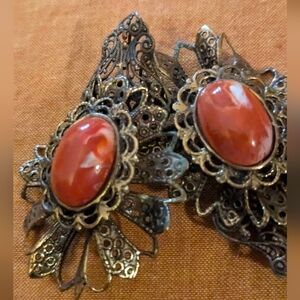Vintage Faux Carnelian Filigree Earrings